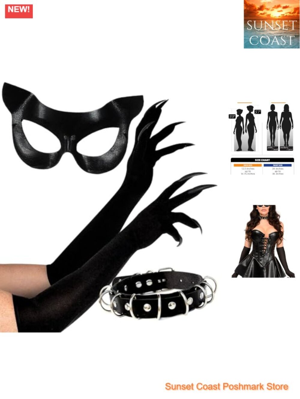 Faux Leather Cat Woman Costume Set Mask Claw Gloves Choker